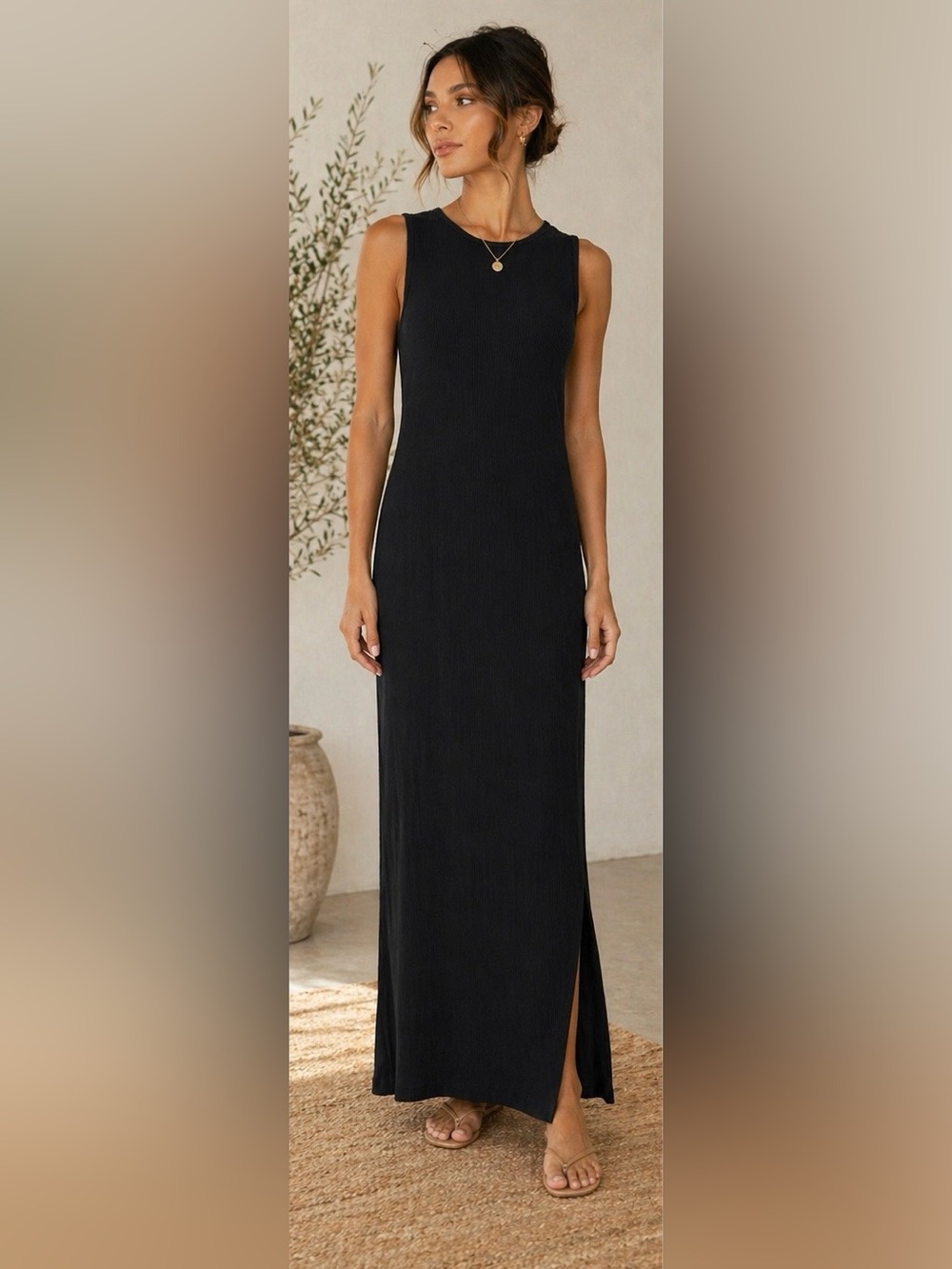 Heidi Merrick Black Ribbed Maxi Dress Sleeveless Scoop Neck Minimalist Medium